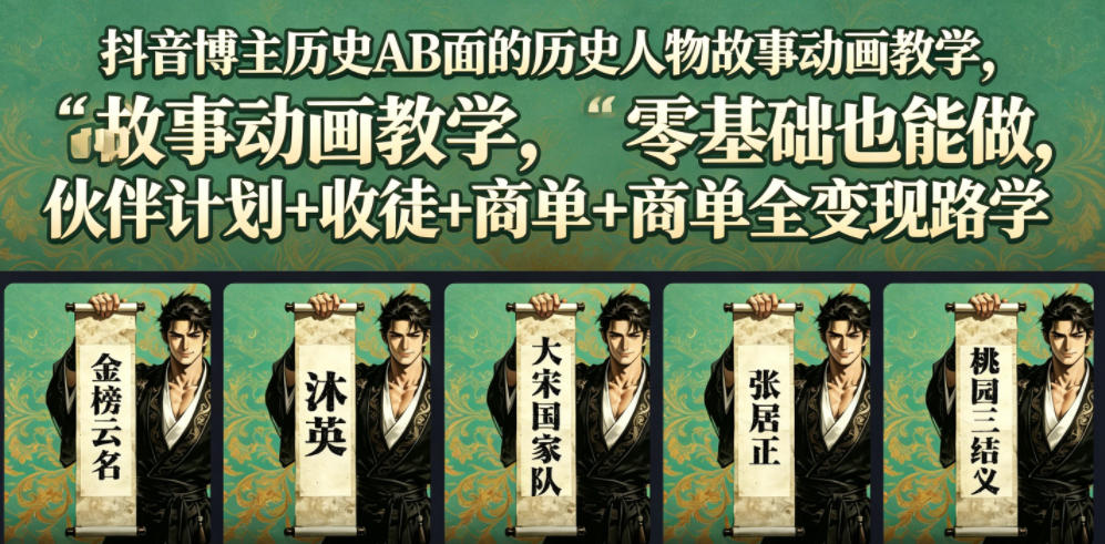 抖音博主历史AB面的历史人物故事动画教学，零基础也能做，伙伴计划+收徒+商单全变现路径教学-佰因轻创网