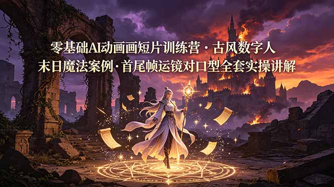 零基础AI动画短片训练营，古风数字人末日魔法案例，首尾帧运镜对口型全套实操讲解-佰因轻创网