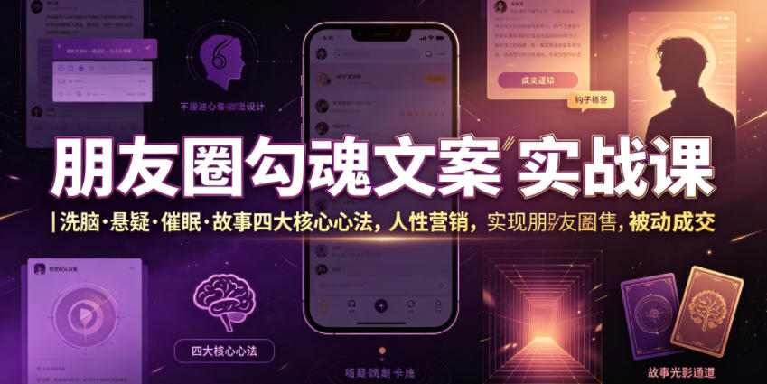 朋友圈勾魂文案实战课｜洗脑·悬疑·催眠·故事四大核心心法，吃透人性营销，实现朋友圈不销而售被动成交-佰因轻创网