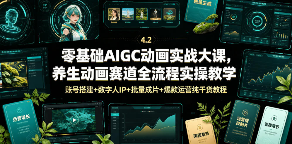 零基础AIGC动画实战大课，养生动画赛道全流程实操教学，账号搭建+数字人IP+批量成片+爆款运营纯干货教程-佰因轻创网