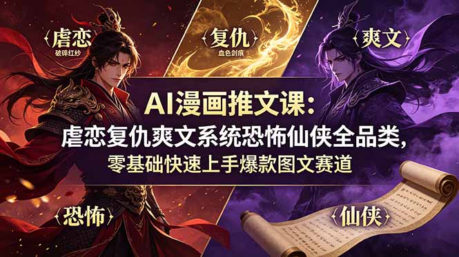 AI漫画推文课：虐恋复仇爽文系统恐怖仙侠全品类，零基础快速上手爆款图文赛道-佰因轻创网