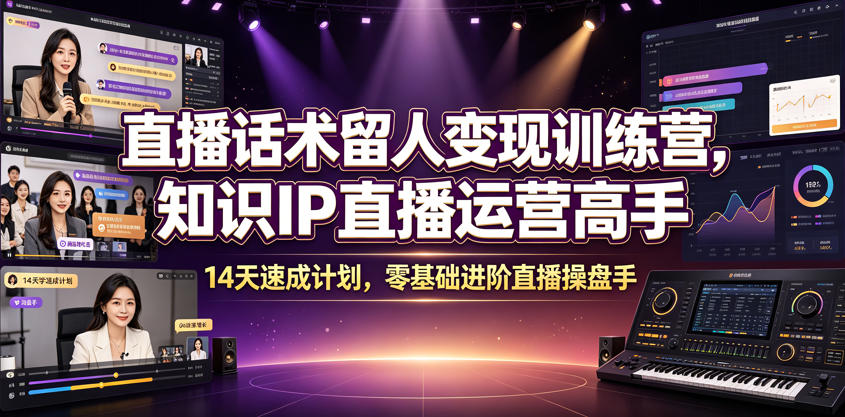 直播话术留人变现训练营，知识IP直播运营高手，14天速成计划，零基础进阶直播操盘手-佰因轻创网