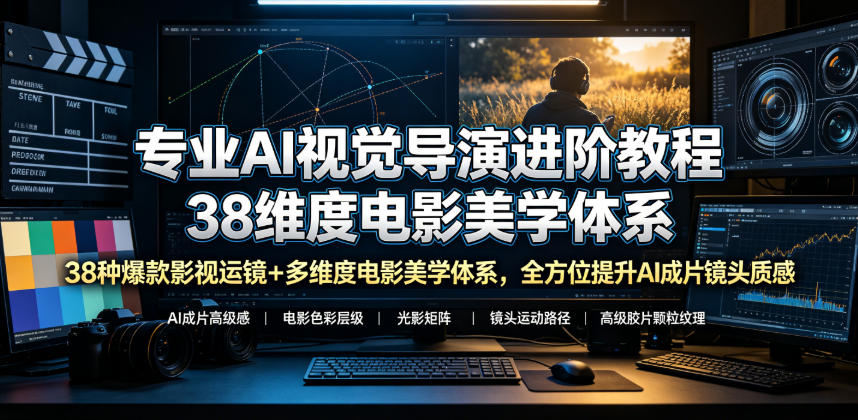专业AI视觉导演进阶教程，38种爆款影视运镜+多维度电影美学体系，全方位提升AI成片高级感与镜头质感-佰因轻创网