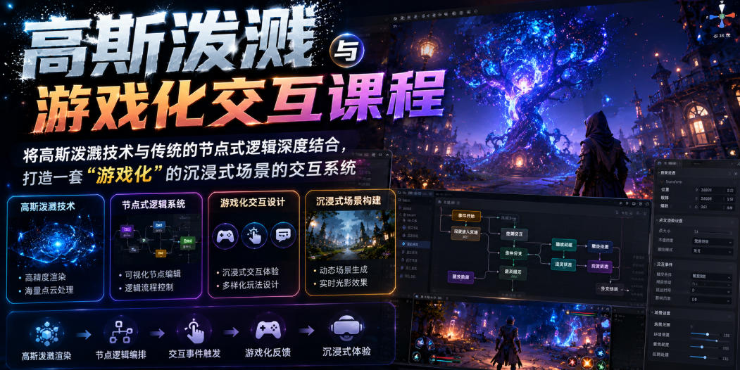 高斯泼溅与游戏化交互课程，将高斯泼溅技术与传统的节点式逻辑深度结合，打造一套“游戏化”的沉浸式场景的交互系统-佰因轻创网