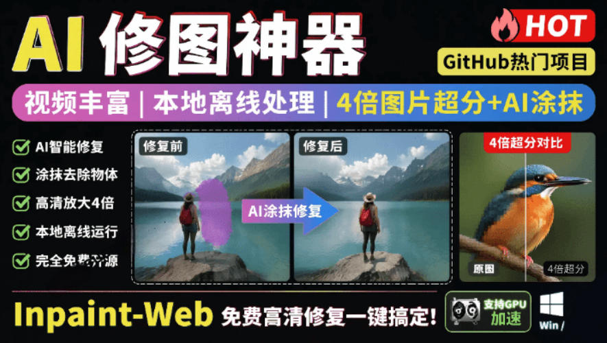 本地离线处理，4倍图片超分+AI涂抹去水印！Github上热门神器，免费高清修复图一键搞定！Inpaint-Web-佰因轻创网