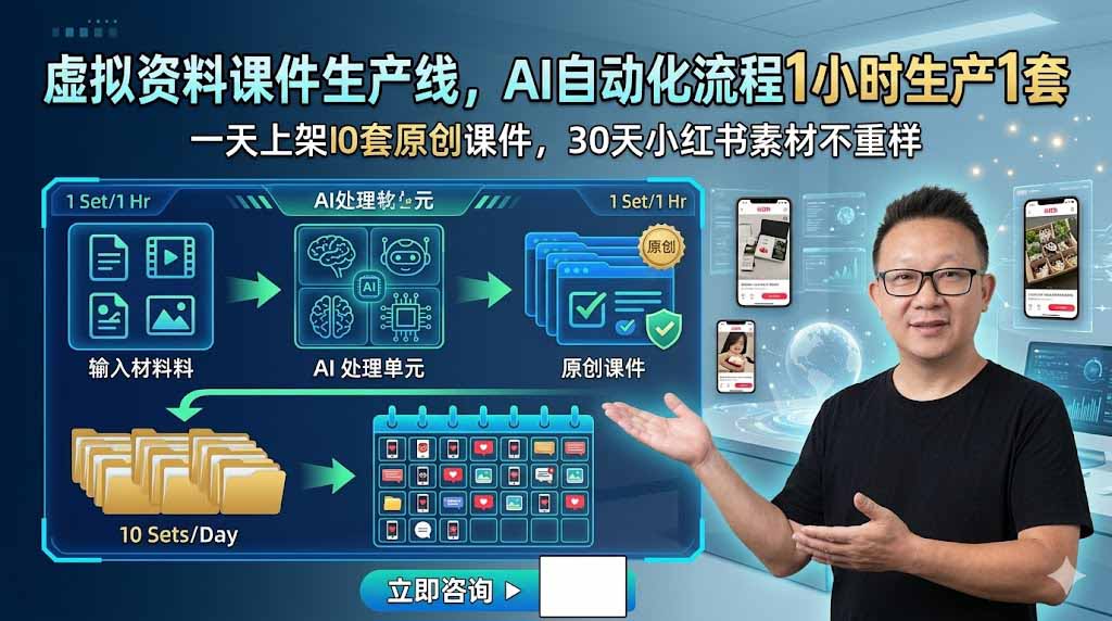 虚拟资料课件生产线，AI自动化流程1小时生产1套，一天上架10套原创课件，30天小红书素材不重样-佰因轻创网