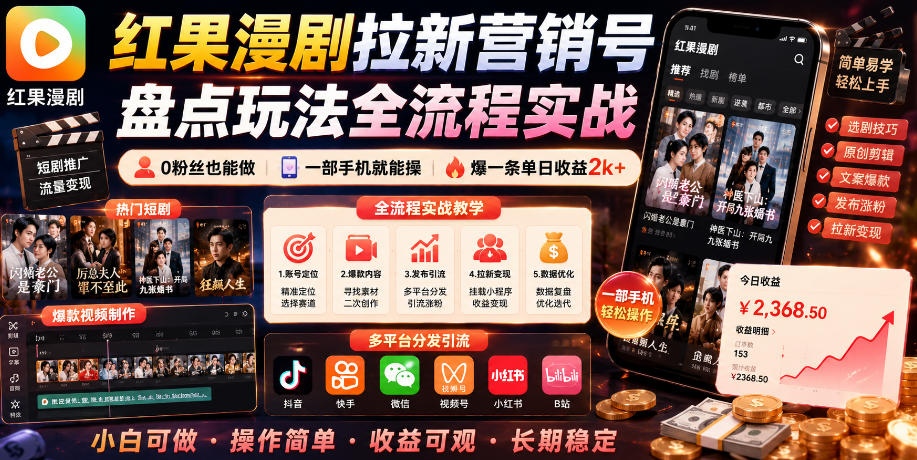 红果漫剧拉新营销号盘点玩法全流程实战，0粉丝也能做，一部手机就能做，爆一条单日收益2k+(更新0628)-佰因轻创网