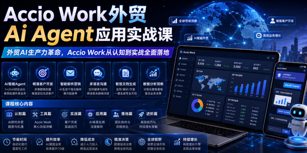 Accio Work外贸Ai Agent应用实战课，外贸AI生产力革命，Accio Work从认知到实战全面落地-佰因轻创网