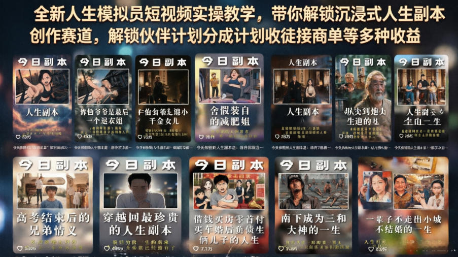 全新人生模拟员短视频实操教学，带你解锁沉浸式人生副本创作赛道，解锁伙伴计划分成计划收徒接商单等多种收益-佰因轻创网