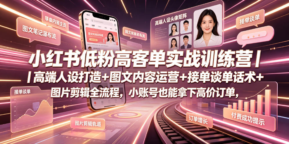 小红书低粉高客单实战训练营｜高端人设打造+图文内容运营+接单谈单话术+图片剪辑全流程，小账号也能拿下高价订单-佰因轻创网