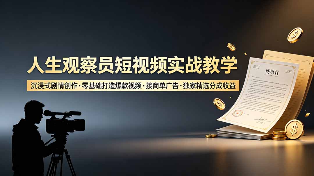 人生观察员短视频实战教学，沉浸式剧情创作，零基础打造爆款视频，接商单广告，独家精选分成收益-佰因轻创网