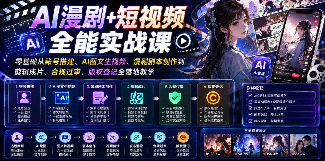 AI漫剧+短视频全能实战课｜零基础从账号搭建、AI图文生视频、漫剧剧本创作到剪辑成片、合规过审、版权登记全落地教学-佰因轻创网