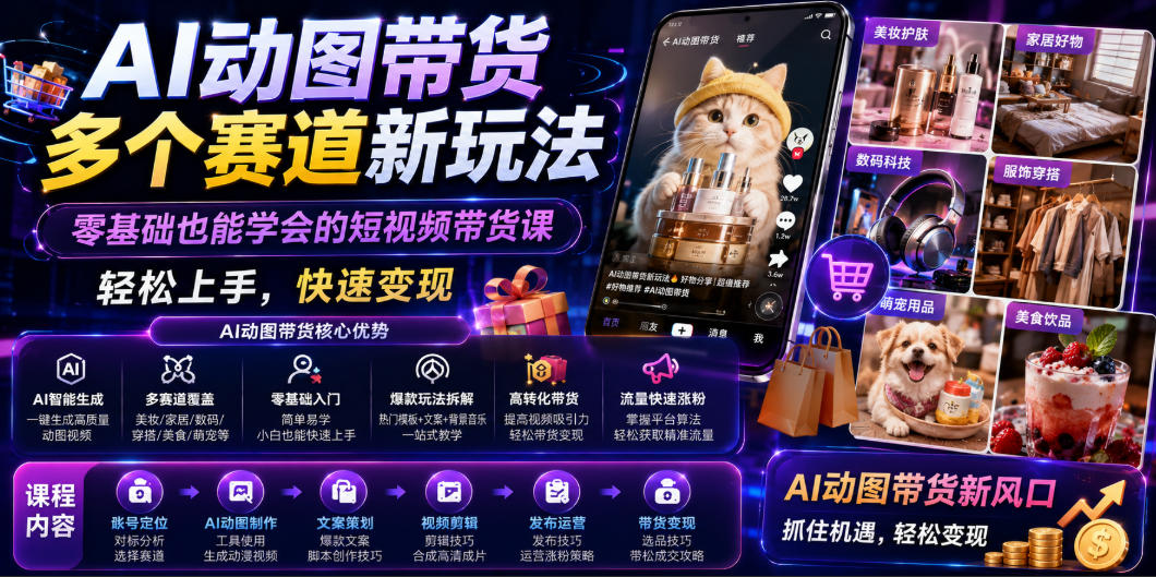 AI动图带货多个赛道新玩法，零基础也能学会的短视频带货课，轻松上手，快速变现-佰因轻创网
