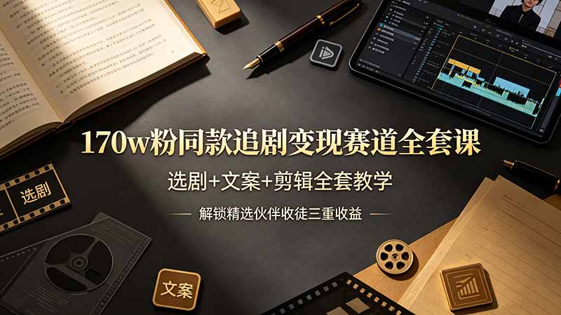 170w粉博主同款追剧变现赛道全套课，选剧+文案+剪辑全套教学，解锁精选伙伴收徒三重收益-佰因轻创网