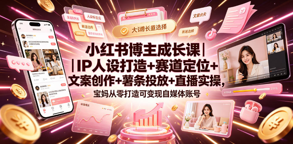 小红书博主成长课|IP人设打造+赛道定位+文案创作+薯条投放+直播实操,宝妈从零打造可变现自媒体账号-佰因轻创网