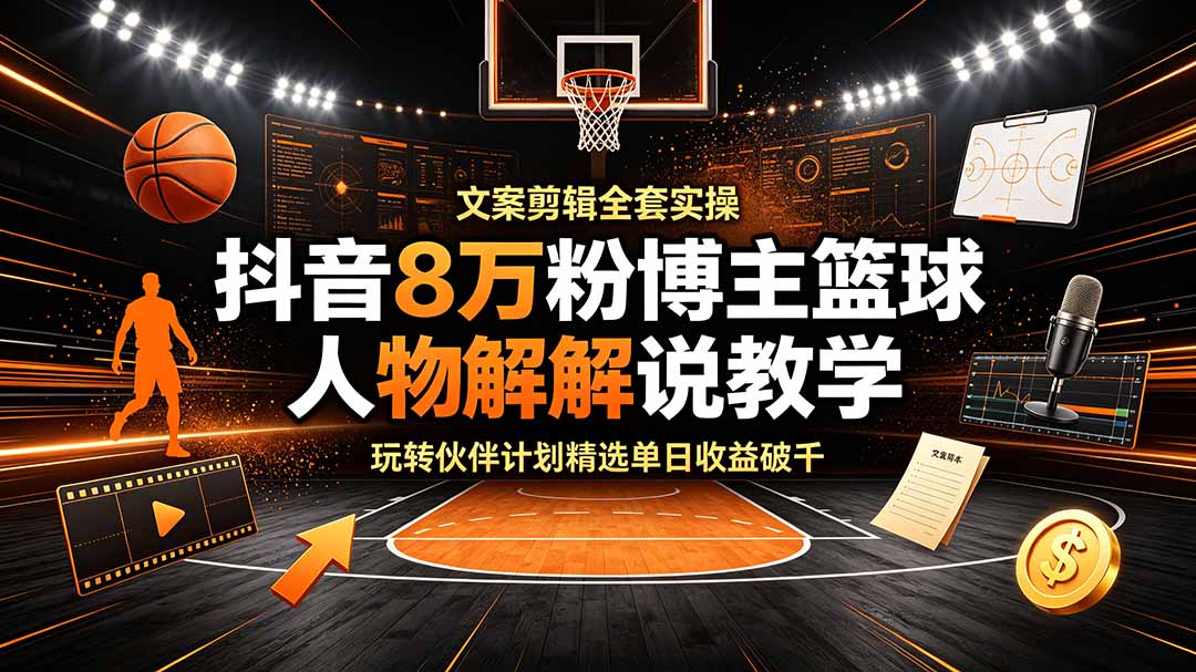 抖音8万粉博主篮球人物解说教学，文案剪辑全套实操，玩转伙伴计划精选单日收益破千-佰因轻创网