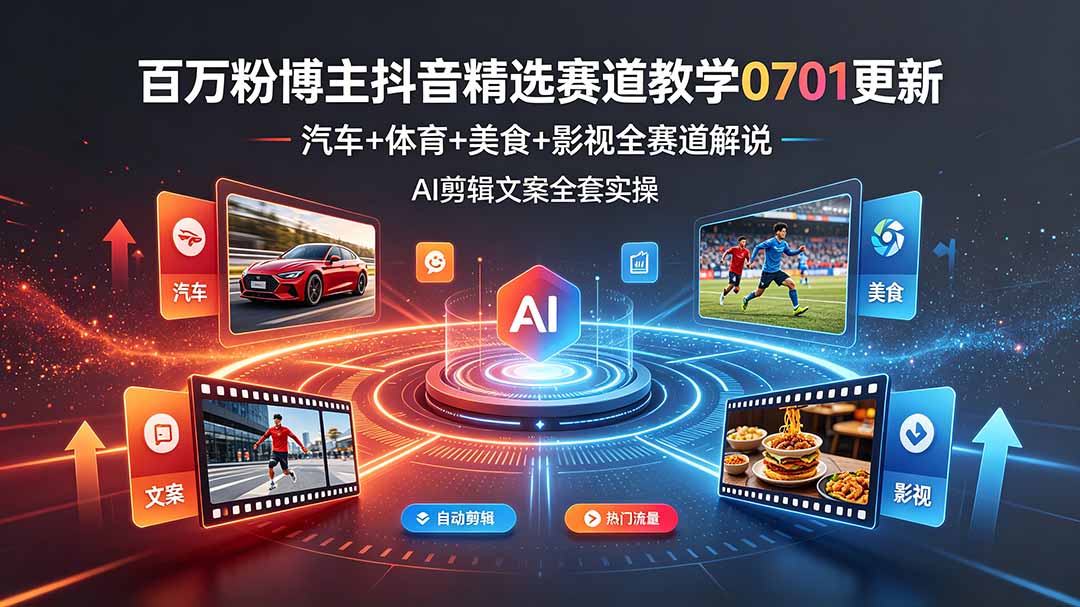 百万粉博主抖音精选赛道教学-0701更新,汽车+体育+美食+影视全赛道解说,AI剪辑文案全套实操-佰因轻创网