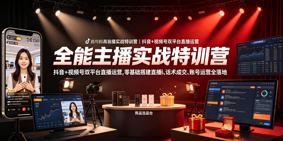 全能主播实战特训营｜抖音+视频号双平台直播运营，零基础搭建直播间、精准选品、话术成交、账号运营全落地-佰因轻创网