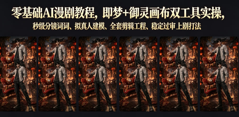 零基础AI漫剧教程，即梦+御灵画布双工具实操，秒级分镜提示词、拟真人建模、全套剪辑工程、稳定过审上剧打法-佰因轻创网