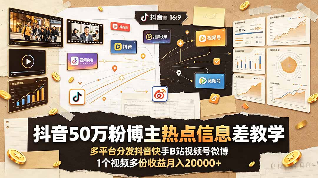 抖音50万粉博主热点信息差教学：多平台分发抖音快手B站视频号微博，1个视频多份收益月入20000+-佰因轻创网