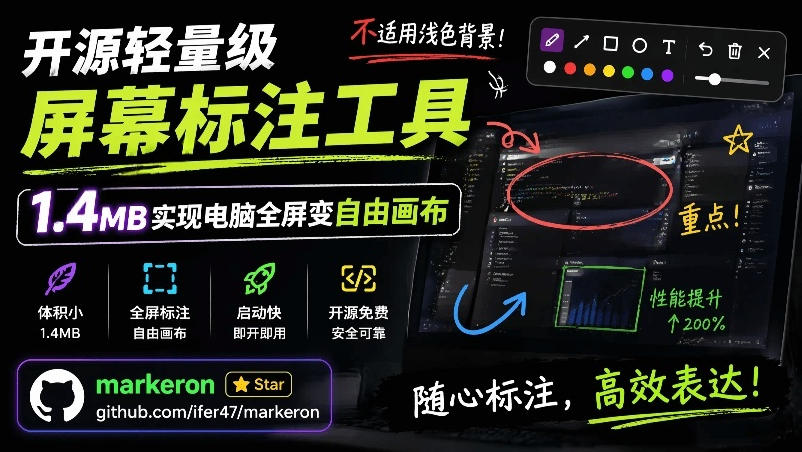 开源轻量级屏幕标注工具，1.4MB实现电脑全屏变自由画布！支持8种标注工具和全键盘操控MarkerOn-佰因轻创网