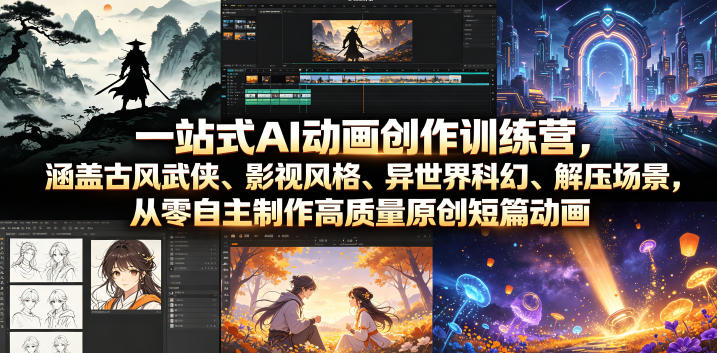 一站式AI动画创作训练营，涵盖古风武侠、影视风格、异世界科幻、解压场景，从零自主制作高质量原创短篇动画-佰因轻创网
