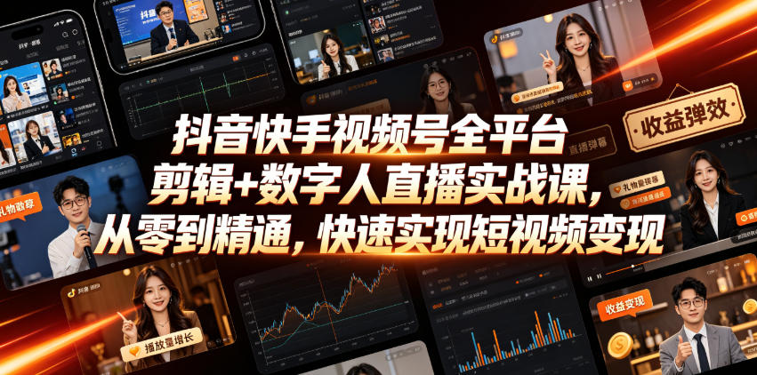 抖音快手视频号全平台剪辑+数字人直播实战课,从零到精通,快速实现短视频变现(更新2026年6月)-佰因轻创网