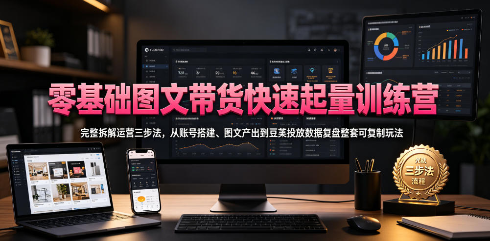 零基础图文带货快速起量训练营，完整拆解运营三步法，从账号搭建、图文产出到豆荚投放数据复盘整套可复制玩法-佰因轻创网