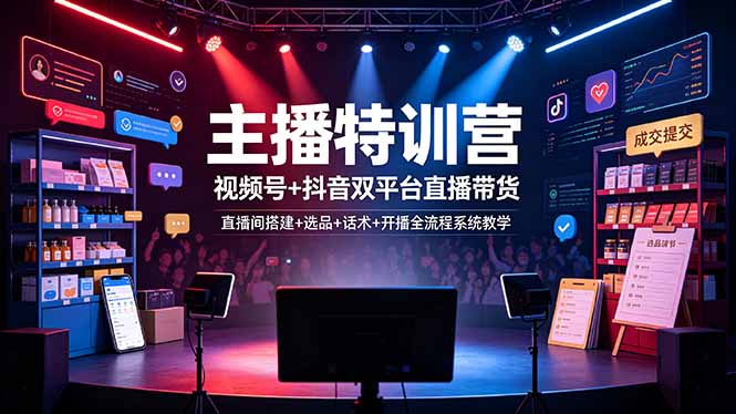 主播特训营：视频号+抖音双平台直播带货，直播间搭建+选品+话术+开播全流程系统教学-佰因轻创网