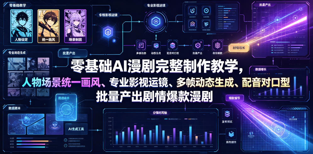 零基础AI漫剧完整制作教学，人物场景统一画风、专业影视运镜、多帧动态生成、配音对口型，批量产出剧情爆款漫剧-佰因轻创网
