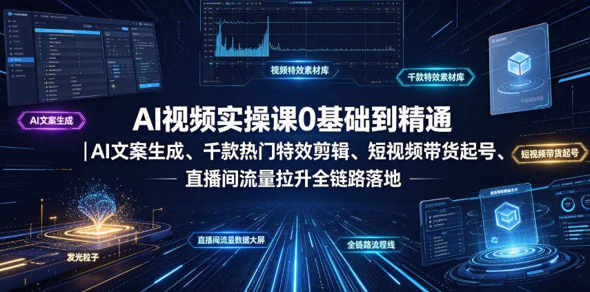 AI视频实操课0基础到精通｜AI文案生成、千款热门特效剪辑、短视频带货起号、直播间流量拉升全链路落地-佰因轻创网