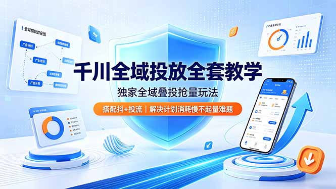 千川全域投放全套教学，独家全域叠投抢量玩法，搭配抖+投流，解决计划消耗慢不起量难题-佰因轻创网