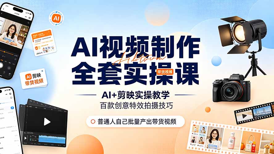 AI视频制作全套实操课，多款AI工具搭配剪映教学，百种特效运镜拍摄实操，抖音账号带货运营全覆盖-佰因轻创网