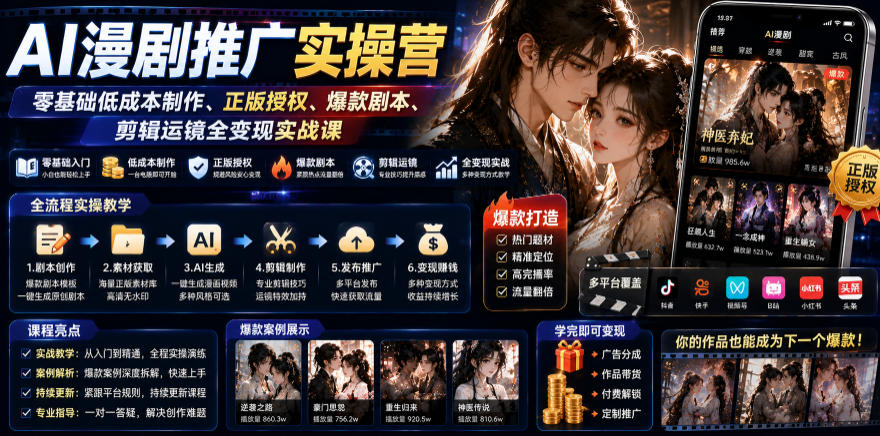 AI漫剧推广实操营|零基础低成本制作、正版授权、爆款剧本、剪辑运镜全变现实战课-佰因轻创网