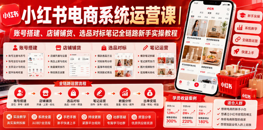 小红书电商系统运营课｜账号搭建、店铺铺货、选品对标笔记全链路新手实操教程-佰因轻创网