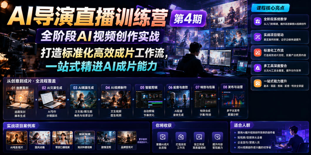 AI导演直播训练营第4期｜全阶段AI视频创作实战，打造标准化高效成片工作流，一站式精进AI成片能力-佰因轻创网