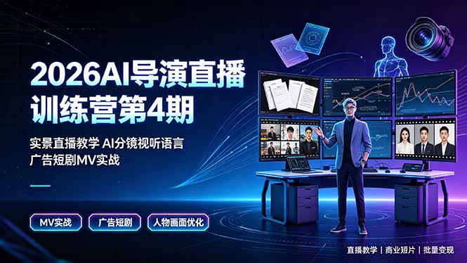 2026AI导演直播训练营第4期，实景直播教学AI分镜视听语言，广告短剧MV实战，解决人物画面崩坏痛点-佰因轻创网