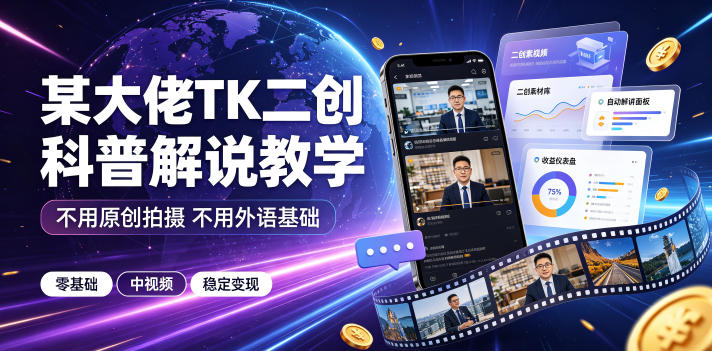 某大佬TK二创科普解说教学，不用原创拍摄不用外语基础，零基础做TikTok中视频稳定变现-佰因轻创网