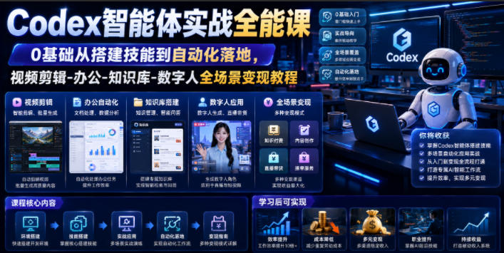 Codex智能体实战全能课|0基础从搭建技能到自动化落地,视频剪辑-办公-知识库-数字人全场景变现教程-佰因轻创网
