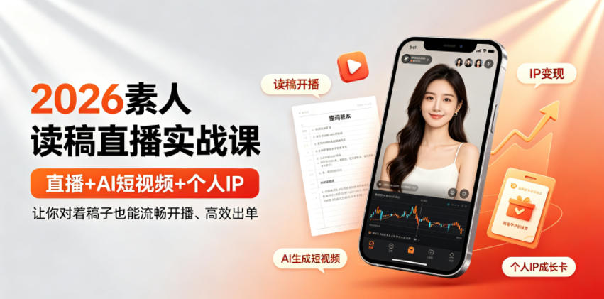 2026素人读稿直播实战课｜直播+AI短视频+个人IP，让你对着稿子也能流畅开播、高效出单-佰因轻创网