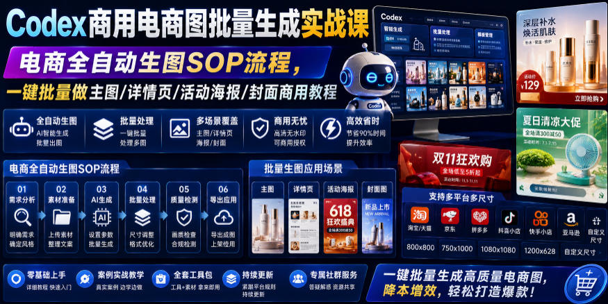 Codex商用电商图批量生成实战课｜电商全自动生图SOP流程，一键批量做主图/详情页/活动海报/封面商用教程-佰因轻创网