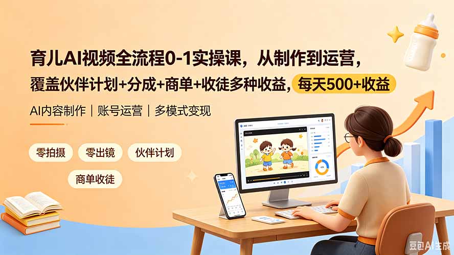育儿AI视频全流程0-1实操课，从制作到运营，覆盖伙伴计划+分成+商单+收徒多种收益，每天500+收益-佰因轻创网