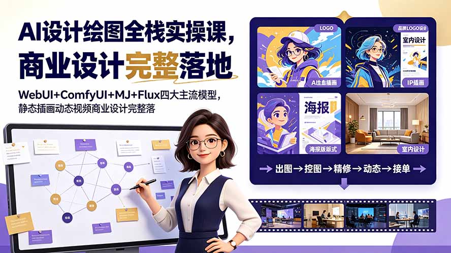 AI设计绘图全栈实操课,WebUI+ComfyUI+MJ+Flux四大主流模型,静态插画动态视频商业设计完整落地教程-佰因轻创网