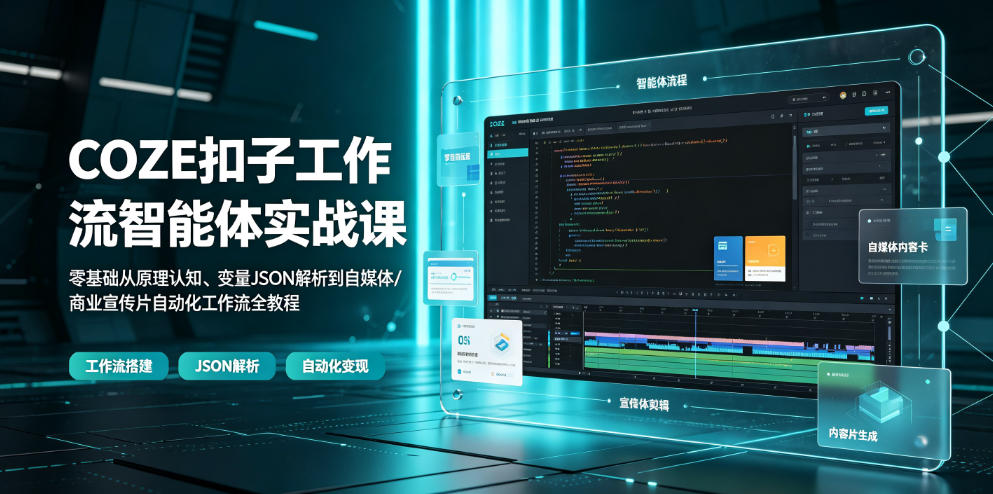 COZE扣子工作流智能体实战课｜零基础从原理认知、变量JSON解析到自媒体/商业宣传片自动化工作流全教程-佰因轻创网