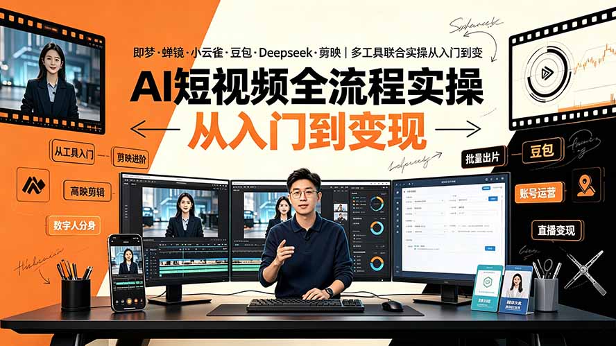 AI短视频全流程实操：即梦·蝉镜·小云雀·豆包·Deepseek·剪映｜多工具联合实操从入门到变现-佰因轻创网