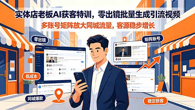 实体店老板AI获客特训，零出镜批量生成引流视频，多账号矩阵放大同城流量，客源稳步增长-佰因轻创网