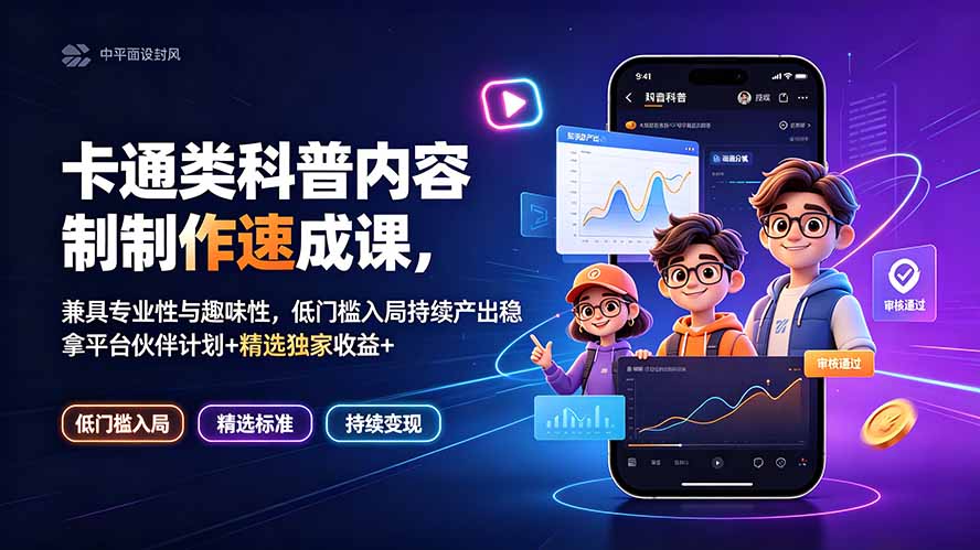 卡通类科普内容制作速成课，兼具专业性与趣味性，低门槛入局持续产出稳拿平台伙伴计划+精选独家收益-佰因轻创网