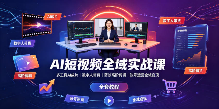AI短视频全域实战课｜多工具AI成片、数字人带货、剪映高阶剪辑、账号运营全域变现全套教程-佰因轻创网