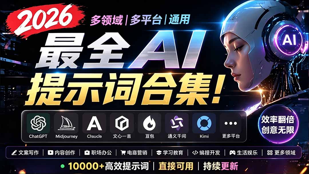 2026最全AI提示词合集！多领域多平台通用，涵盖AI绘画、电商主图、爆款文案，脚本创作等-佰因轻创网