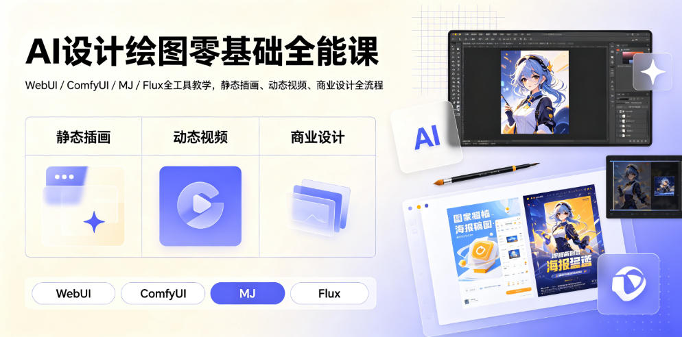AI设计绘图零基础全能课｜WebUI/ComfyUI/MJ/Flux全工具教学，静态插画、动态视频、商业设计全流程-佰因轻创网